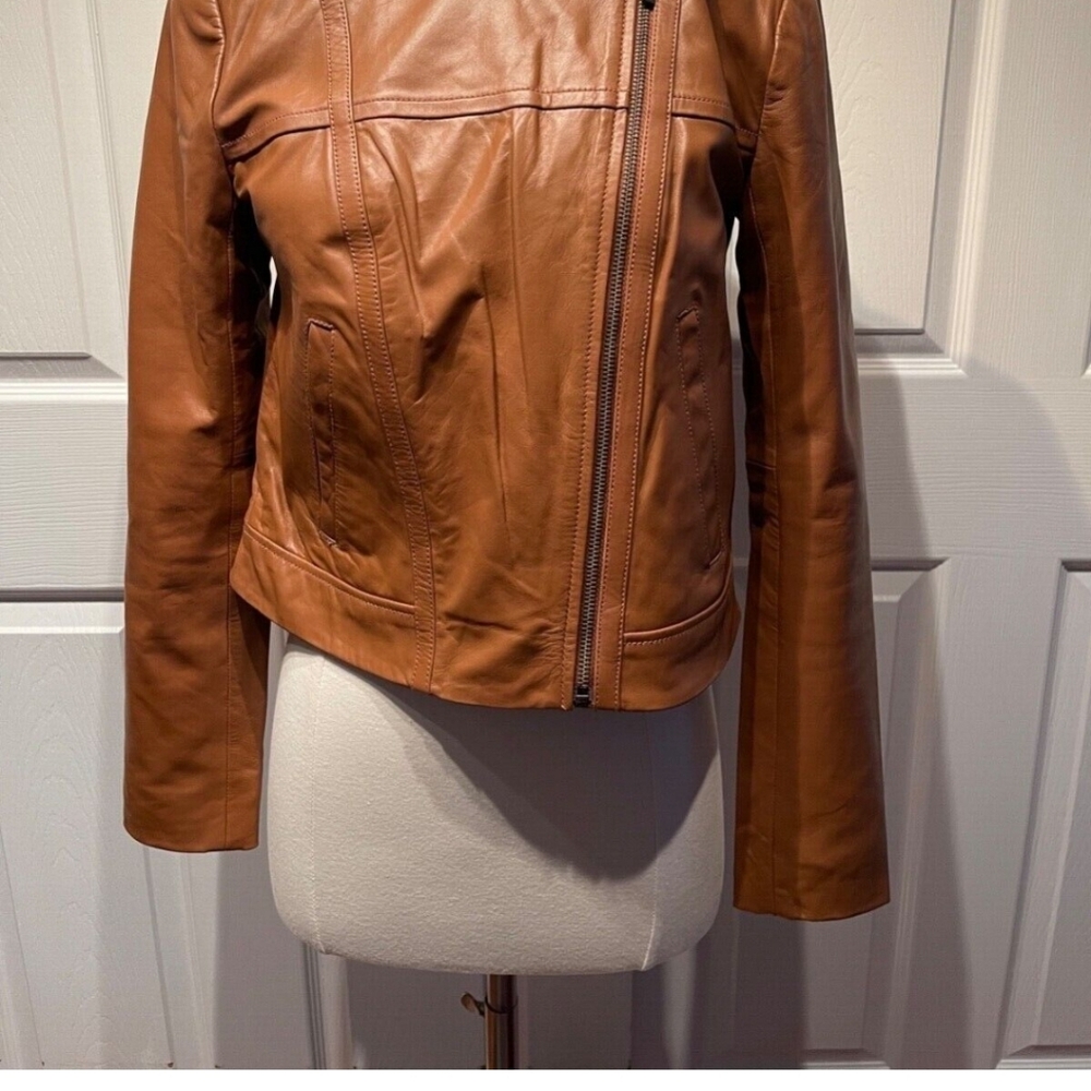 RARE NWT Michael Kors Brown ZipUp Genuine Leather Viral Moto Coat Jac - Picture 3 of 14